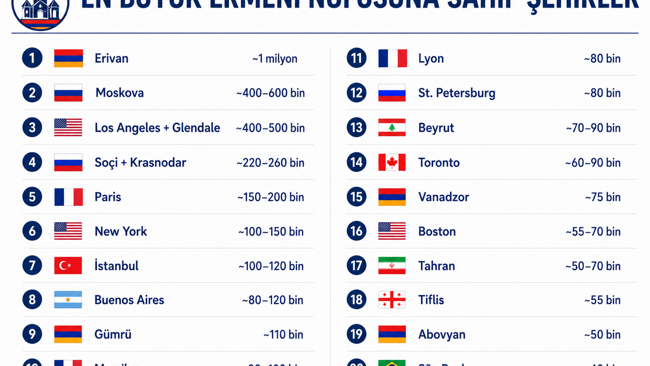 Dünyada Ermeni nüfusunun en yoğun yaşadığı şehirler