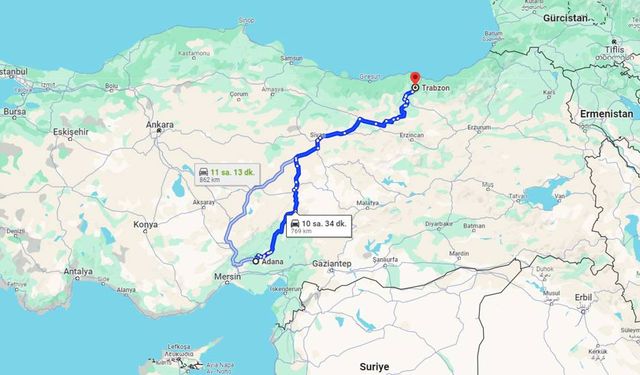 Adana - Trabzon arası kaç km? Adana - Trabzon arası kaç kilometre ve kaç saat sürer? Yol ne kadar benzin yakar?