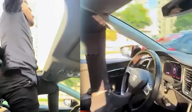 Sürücü açılır tavandan dışarı çıkıp otomobili ayağıyla böyle kullandı