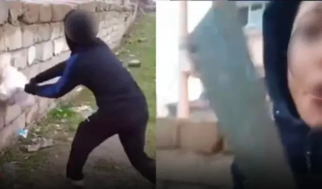 Kediyi çuvala koyup işkence eden çocukları darbettiler!