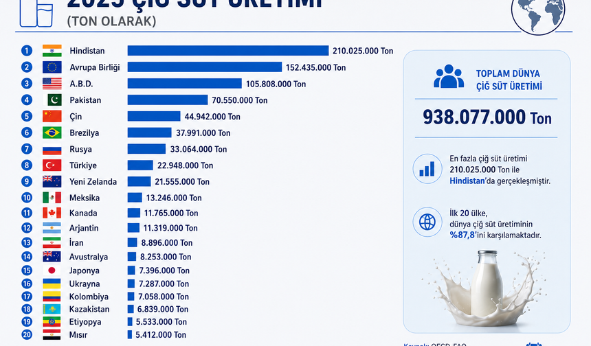 Dünyanın en fazla çiğ süt üreten 20 ülkesi hangileri? Türkiye 2025 çiğ süt üretiminde dünyada kaçıncı sırada yer aldı?
