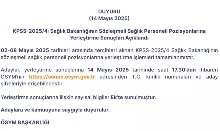 Sözleşmeli Sağlık Personeli Yerleştirme Sonuçları