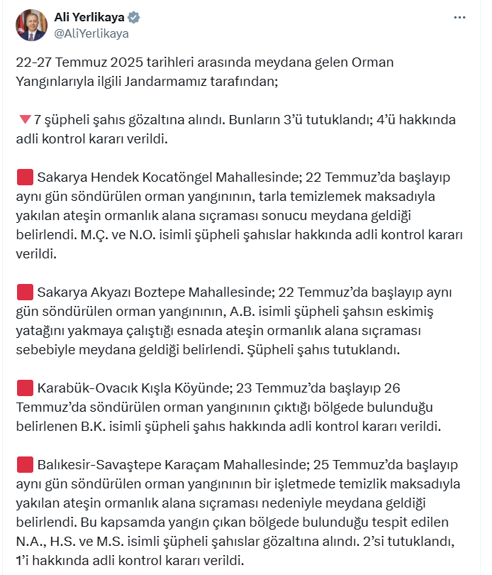 Bakan Yerlikaya Yangın Tutuklama