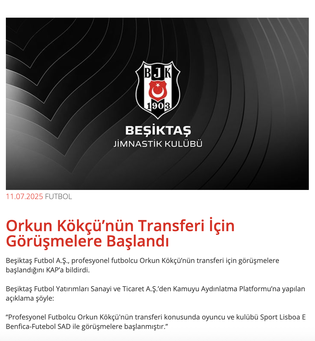 Beşiktaş Orkun Kökçü Transfer Açıklaması