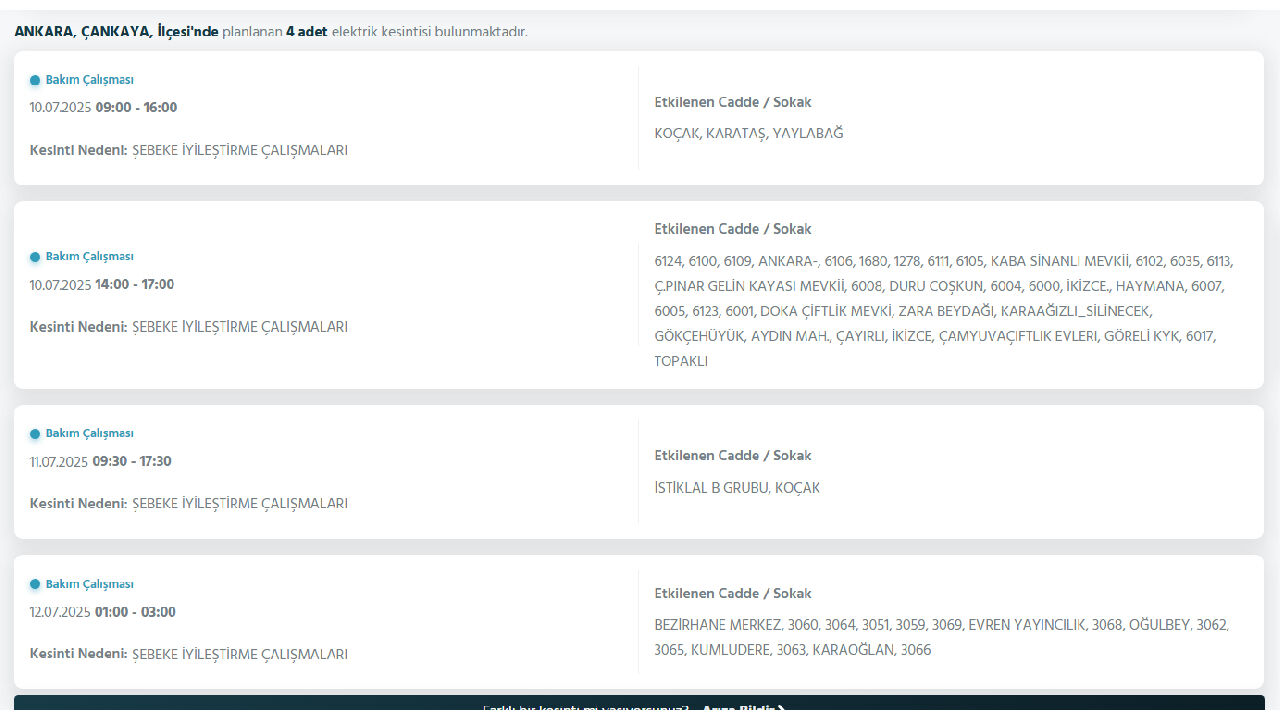 Çankaya Elektrik Kesintisi