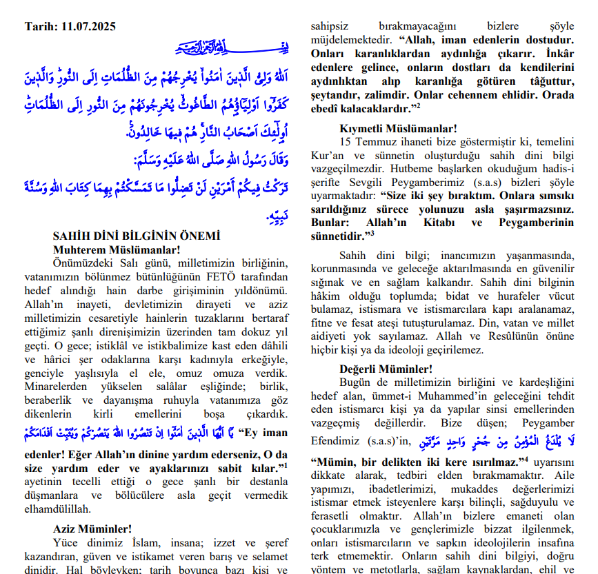 Cuma Hutbesi 11 Temmuz