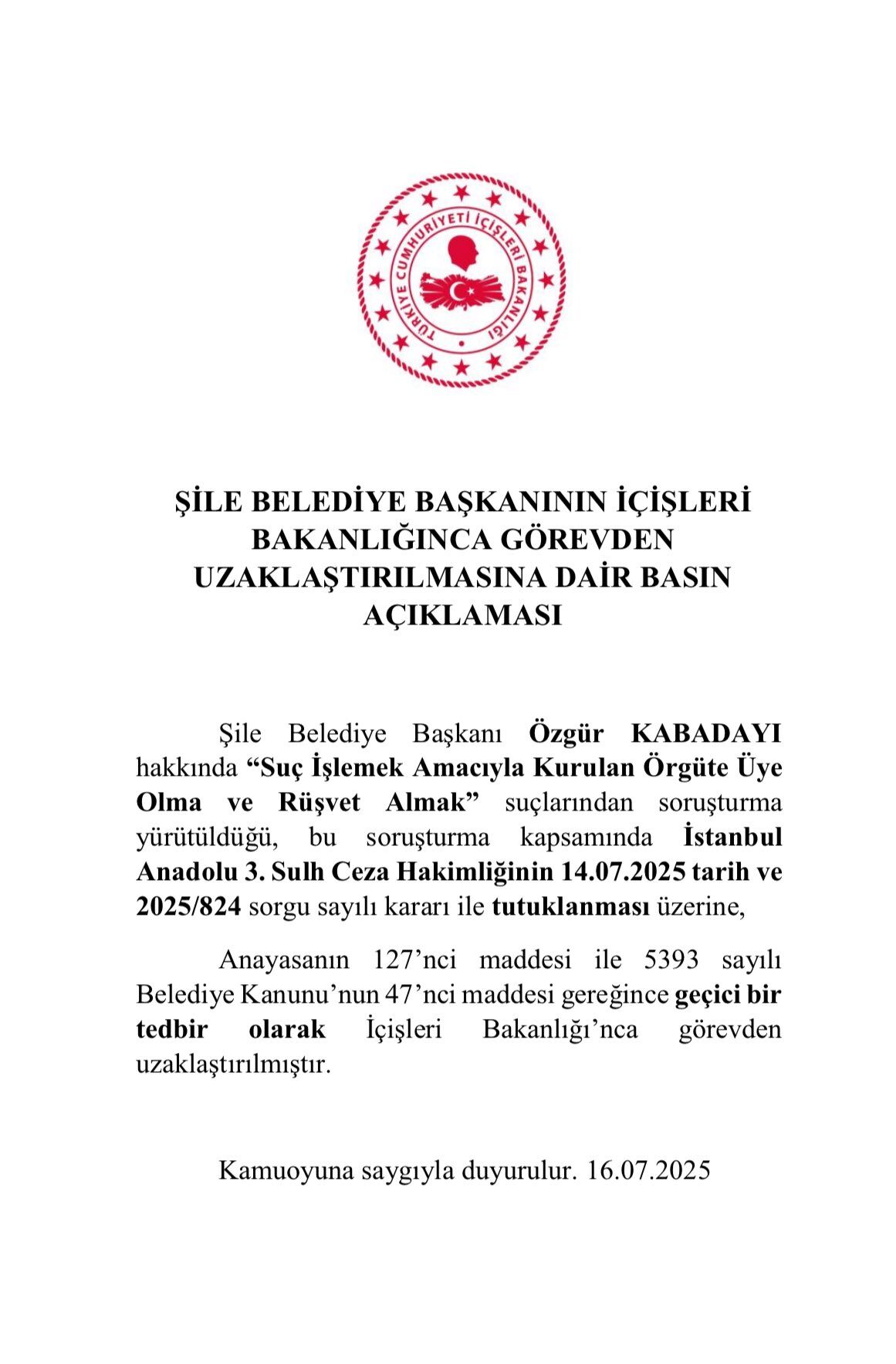 Şile Belediye Başkanı Görevden Uzaklaştırıldı