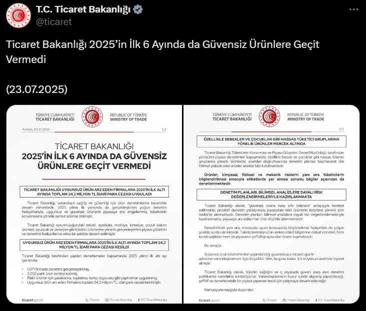 Ticaret Bakanlığı Uygunsuz Ürün
