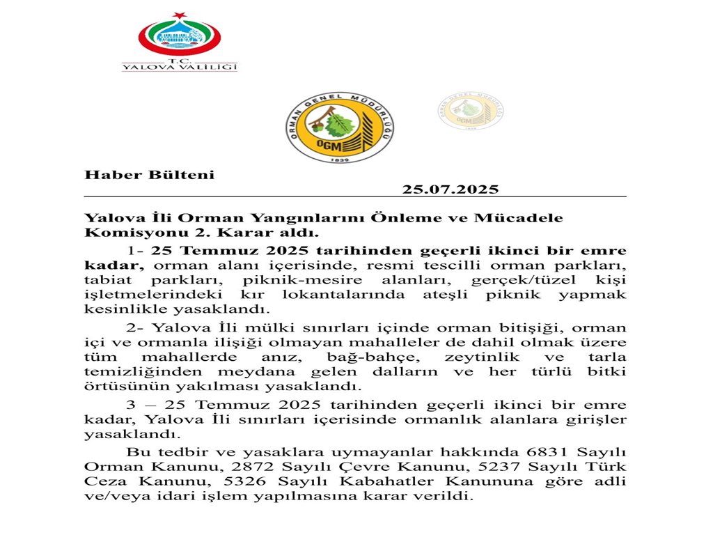 Yalova Valiliği Orman Yasağı