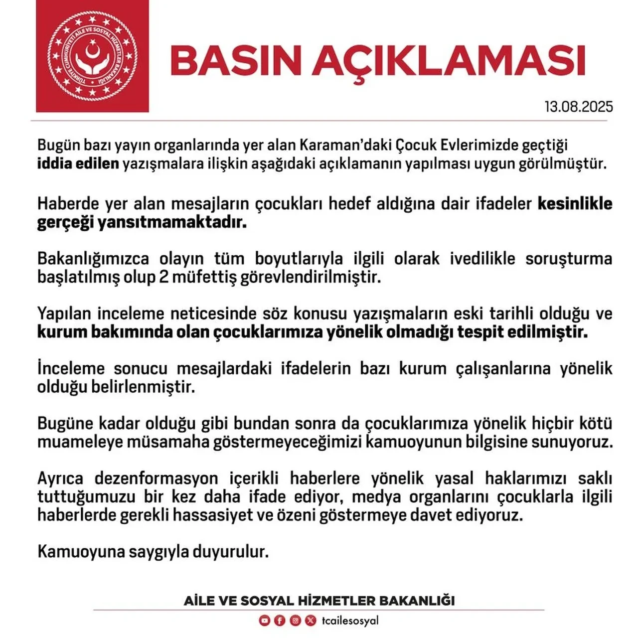 Aile Ve Sosyal Hizmetler Bakanligindan Karaman Iddialari Cevap 3241338 202508131605 1
