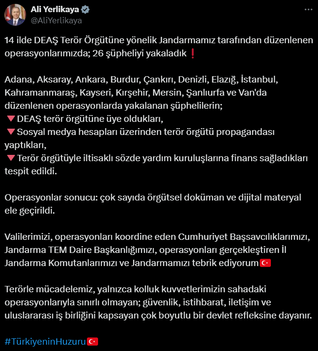 Ali Yerlikaya Deaş Operasyonu 26 Gözaltı