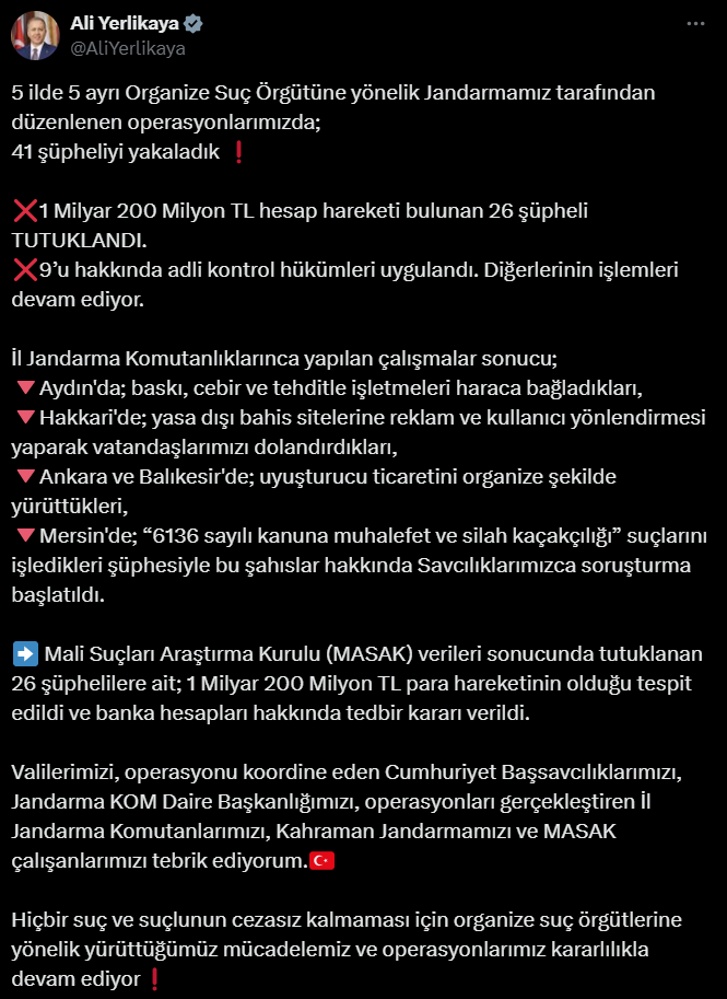 Ali Yerlikaya Suç Örgütü Operasyonu Açıklama