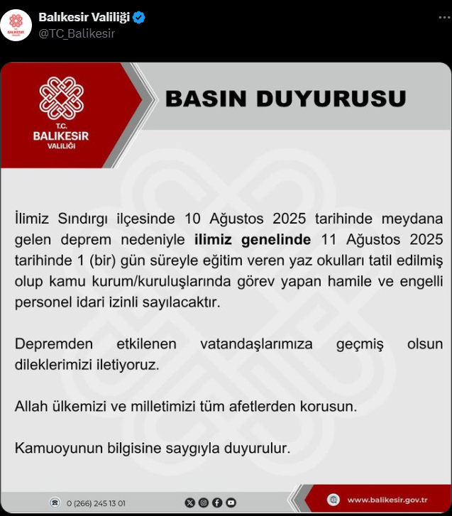 Balıkesir Valiliği Deprem Izin