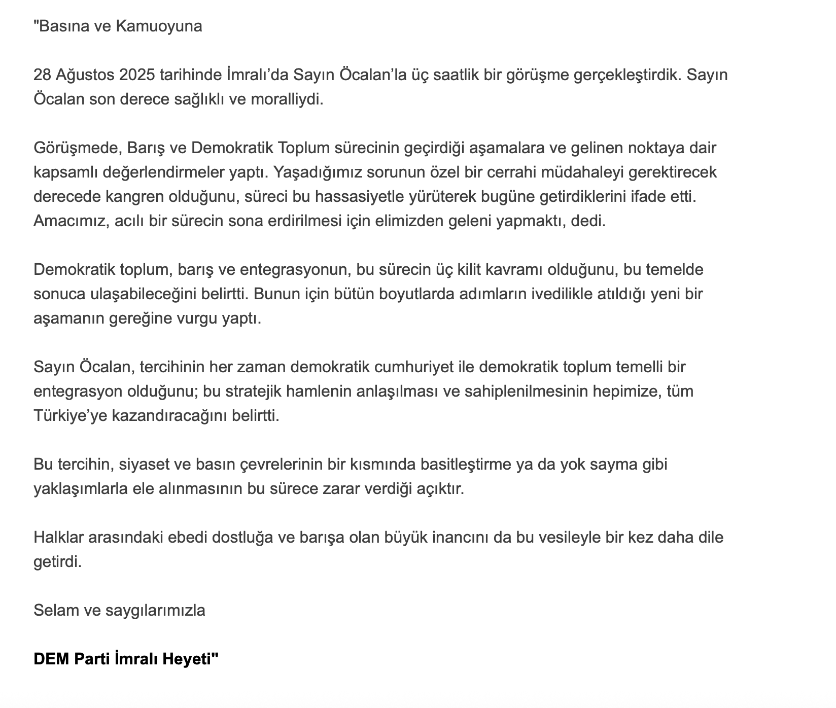 Dem Parti Imralı Açıklama