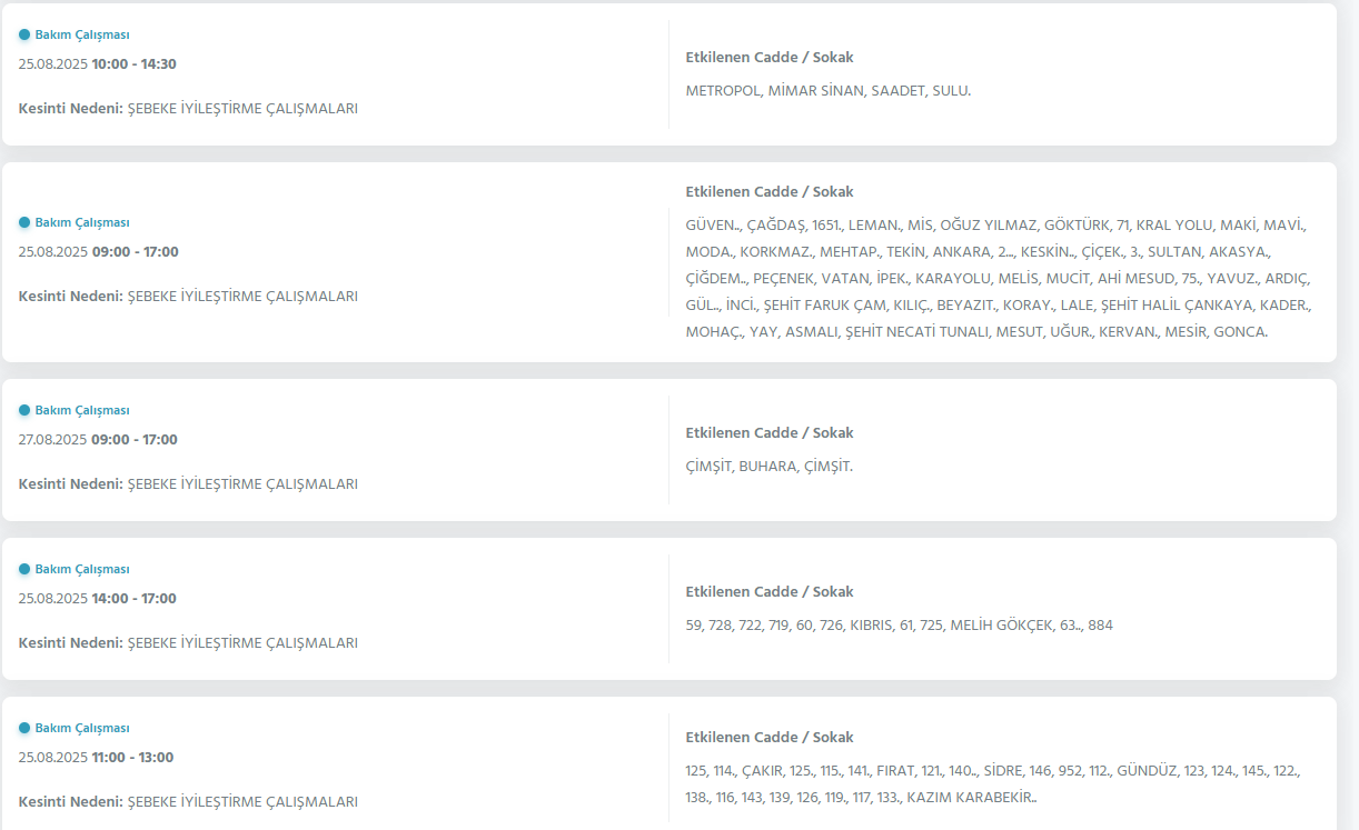 Sincan Elektrik Kesintisi 25 Ağustos 2025