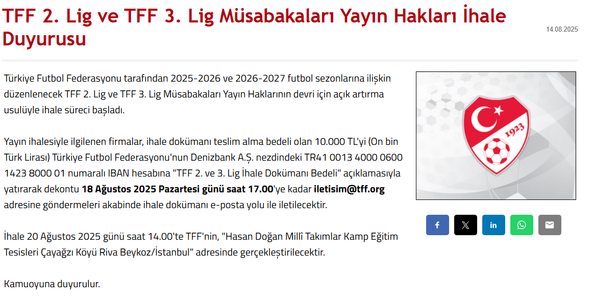 Tff 2 Lig Tff 3 Lig Yayinci Kim Yayin Hakki Tff Paylasim