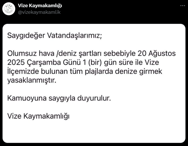 Vize Kaymakamlığı Açıklama Deniz