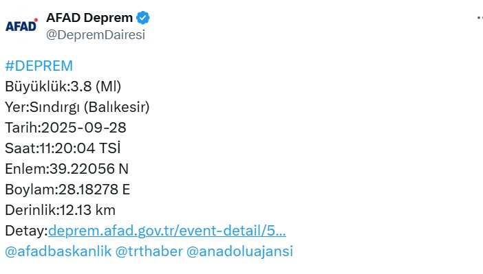 Afad Deprem Balıkesir Sındırgı