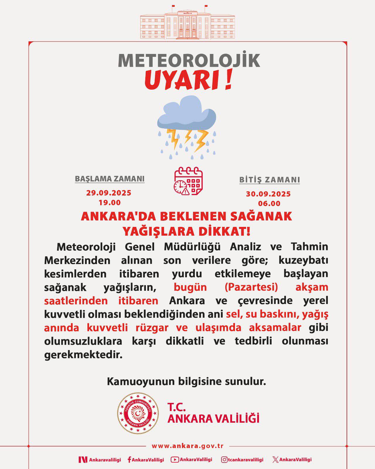 Ankara Valiliği Yağış Uyarı