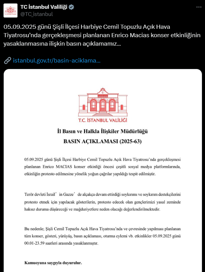 Istanbul Valiliği Konser Yasağı Açıklama