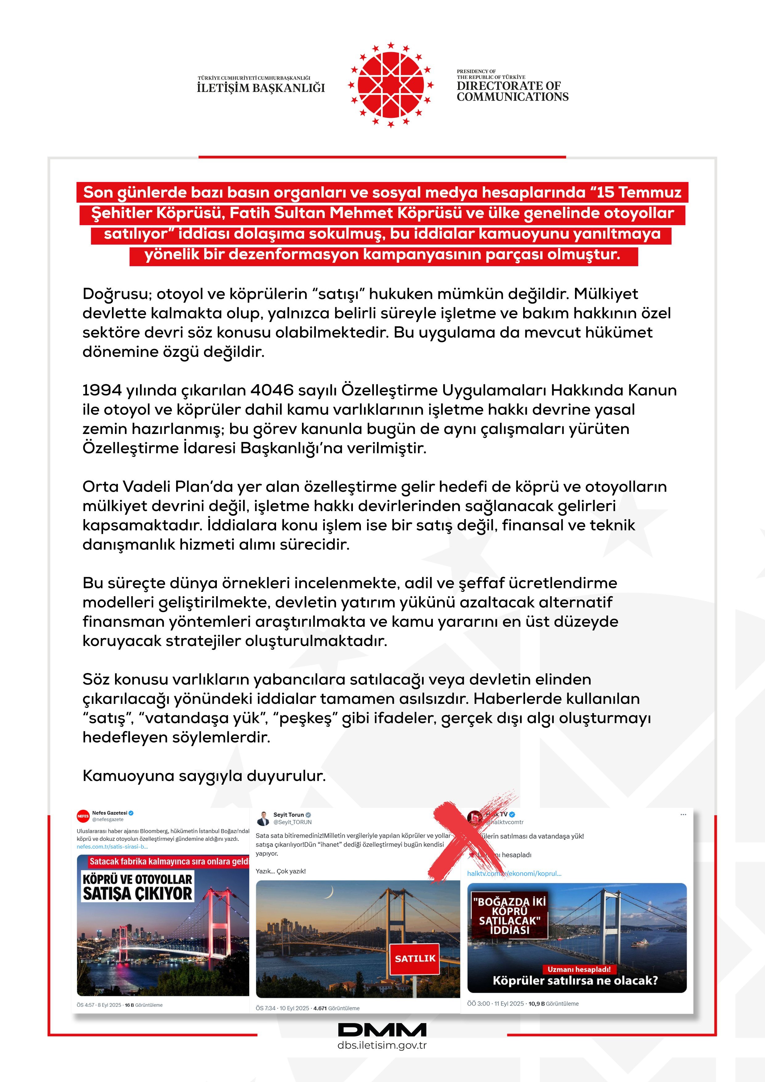 Köprü Satılacak Yalanlama