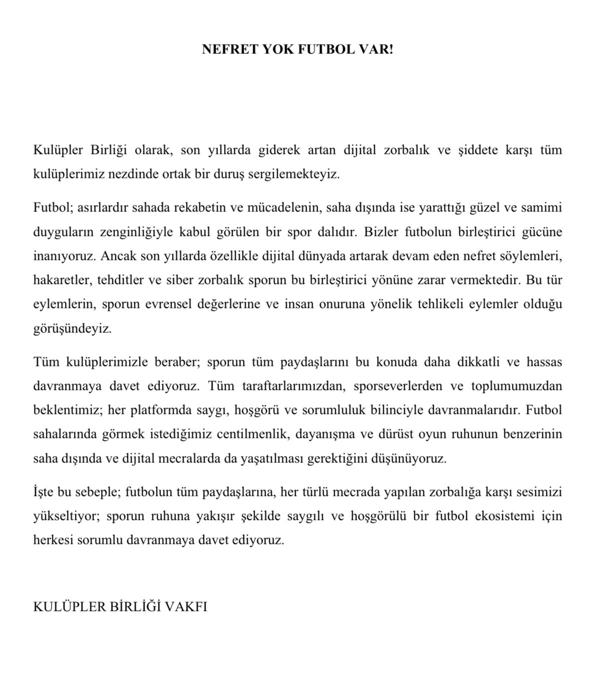 Kulüpler Birliği Açıklama