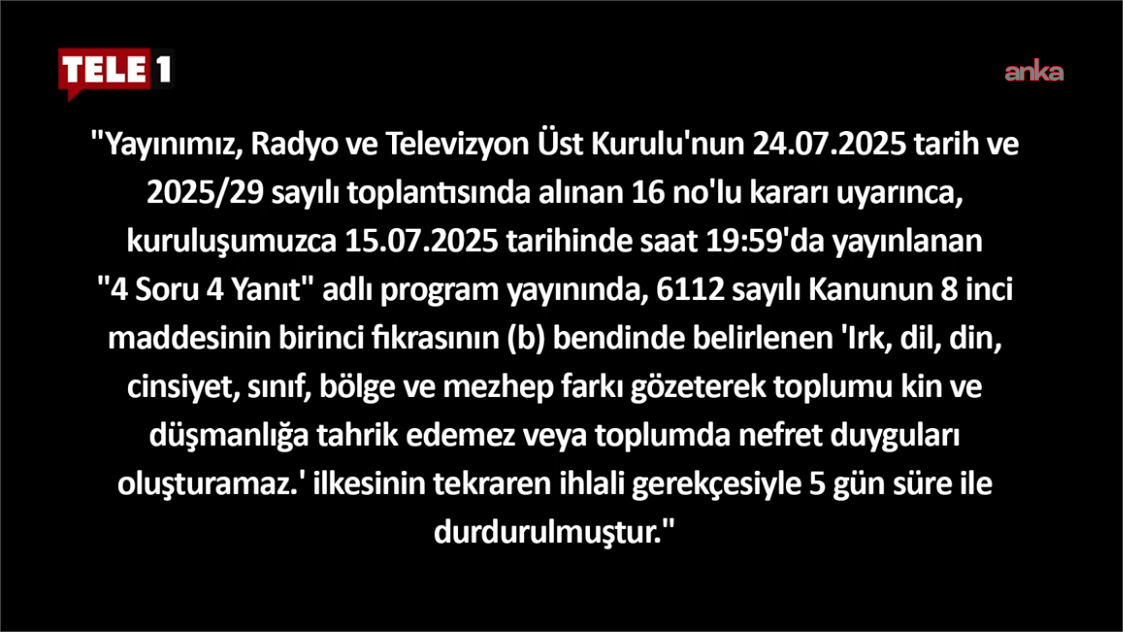 Tele1’E 5 Günlük Yayın Durdurma Cezası Rtük’ten Sert Açıklama2