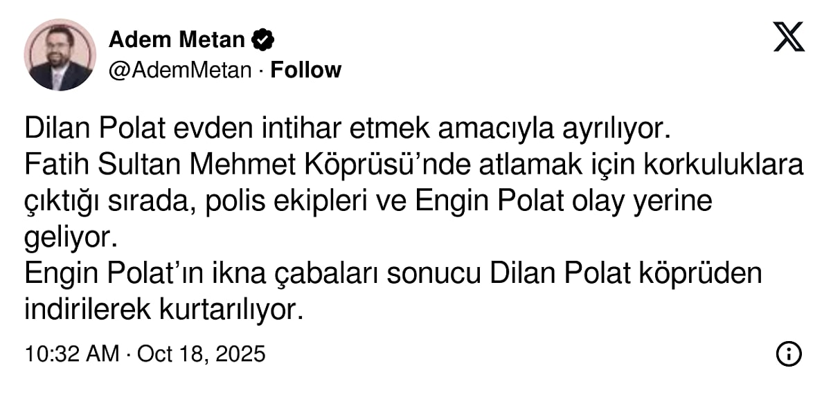 Dilan Polat’ın Fsm Köprüsü’nde Intihar Girişiminde Bulunduğu Iddia Edildi1