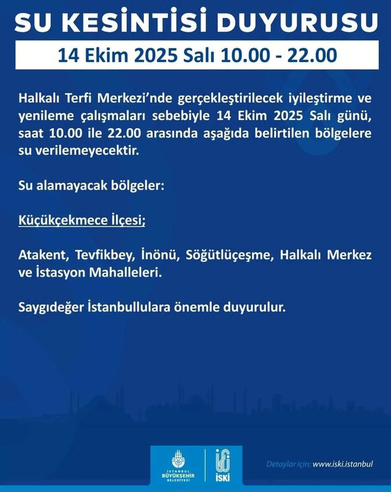 Küçükçekmece’de 12 Saatlik Su Kesintisi! İşte Etkilenecek Mahalleler