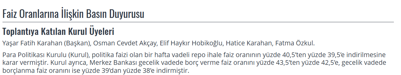 Merkez Bankası Faiz Kararı