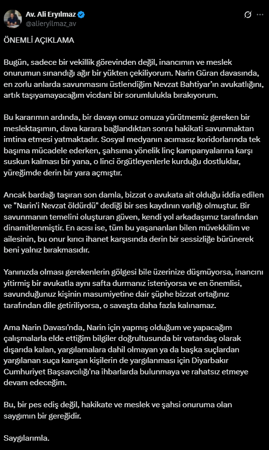 Narin Güran Cinayetinde Sürpriz Gelişme! Nevzat Bahtiyar’ın Avukatı Davadan Çekildi