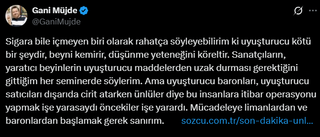 Ünlülere Yönelik Operasyona Gani Müjde’den Tepki “Baronlardan Başlamak Gerek