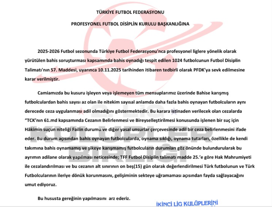 2. Lig Kulüpler Birliği Yazısı