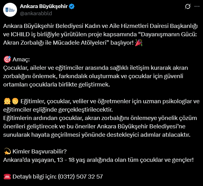 Ankara Büyükşehir’den Akran Zorbalığına Karşı Özel Atölye