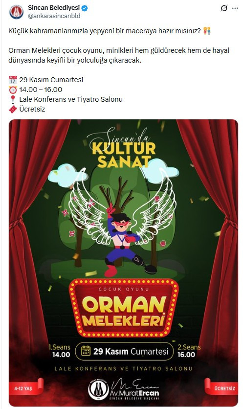 Ankara Sincan’da Miniklere Özel Ücretsiz Tiyatro Etkinliği