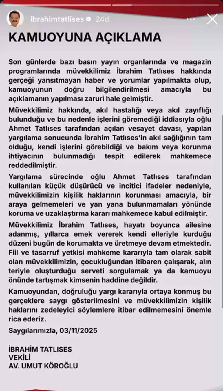 Ibrahim Tatlıses Açıklama