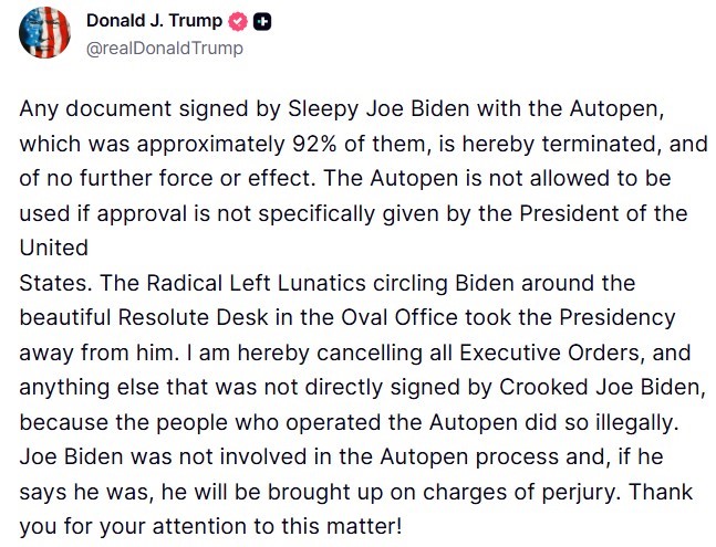 Trump, Biden'in Elektronik Olarak Imzaladığı Tüm Kararları Iptal Etti 1