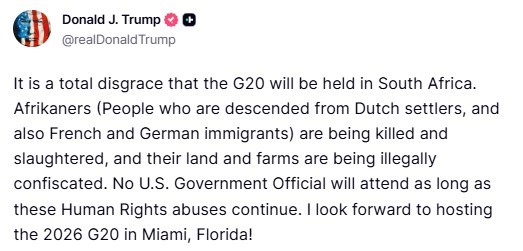 Trump’tan Güney Afrika’daki G20 Zirvesine Sert Tepki “Tam Bir Rezalet” 1
