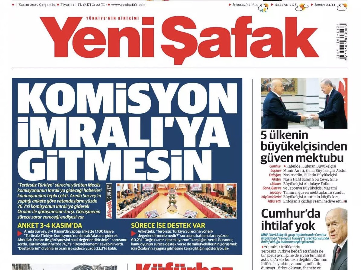 Yenişafak’ın Bugünkü Manşeti “Komisyon İmralı’ya Gitmesin”