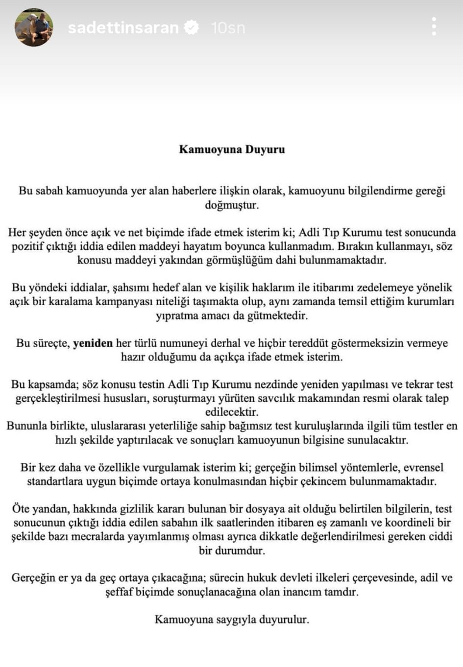 1 Yasaklı Madde Testi Pozitif Çıkan Sadettin Saran’dan Ilk Açıklama