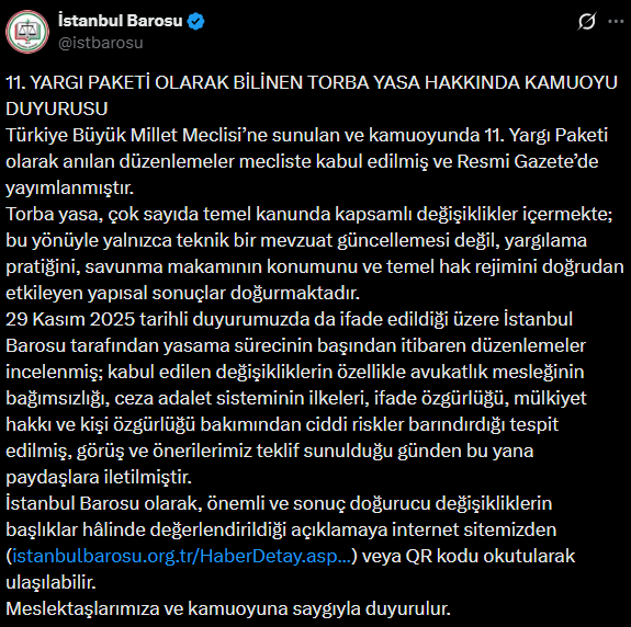 1.İstanbul Barosu ‘11. Yargı Paketi Ciddi Riskler Barındırıyor’