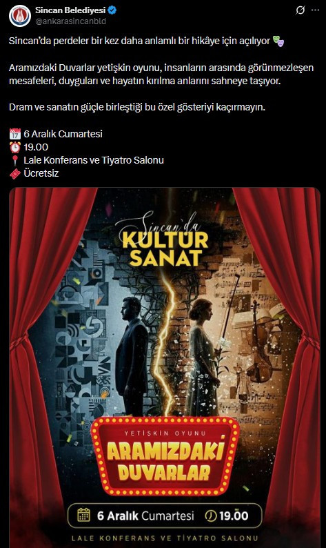 Ankara Sincan’da Yetişkinlere Özel Ücretsiz Tiyatro Etkinliği