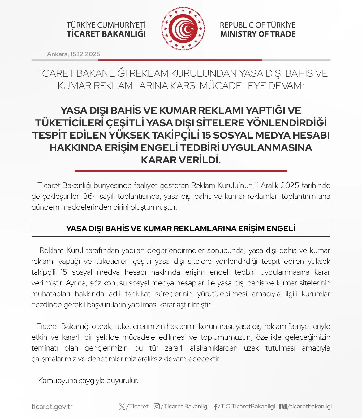 Bakanlık Düğmeye Bastı! 15 Sosyal Medya Hesabına Yasa Dışı Bahis Engeli2