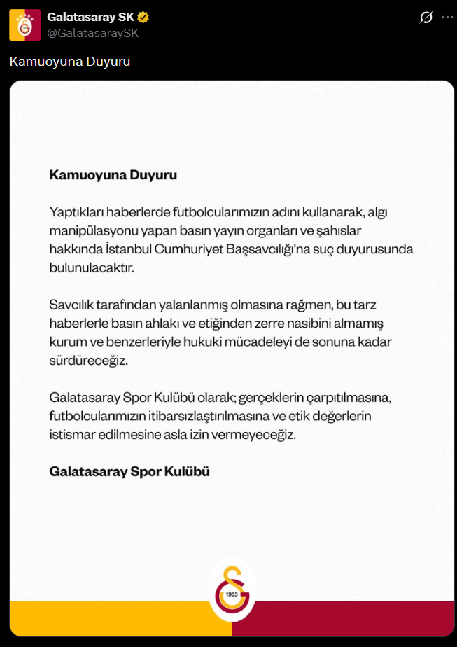 Galatasaray, Iki Futbolcu Hakkında Çıkan Haberlerle Ilgili Suç Duyurusunda Bulundu1-1