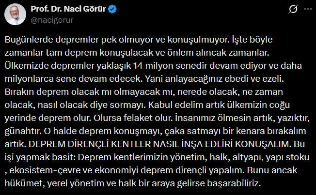 Naci Görür Deprem Açıklama