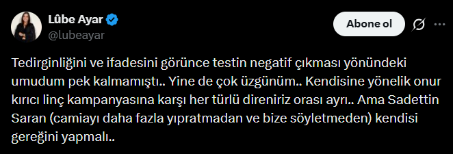 Sadettin Saran’ın Test Sonucuna Bir Tepki De Lube Ayar’dan ‘Kendisi Gereğini Yapmalı’ 1