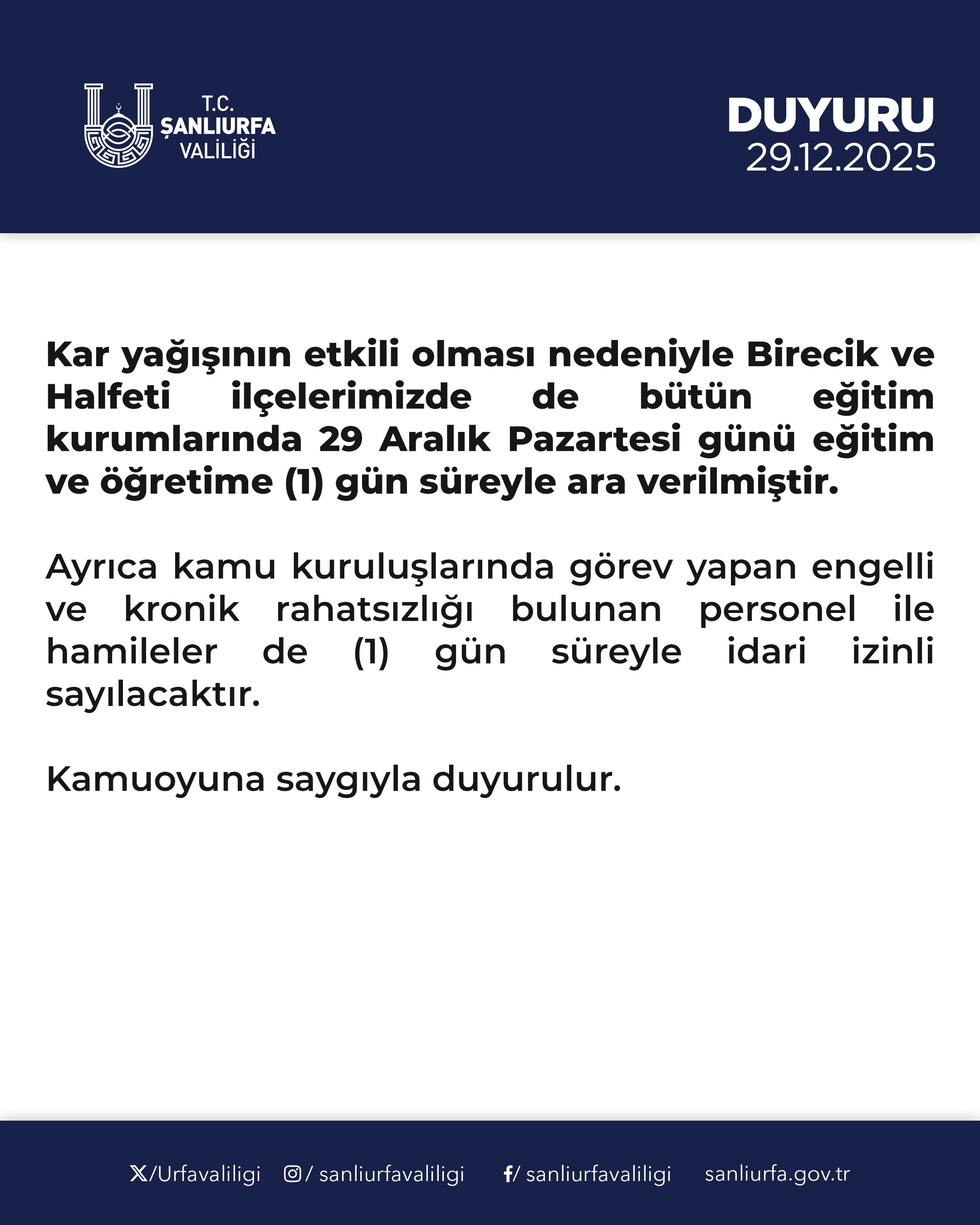 Şanlıurfa’da Eğitime Kar Engeli! İki Ilçede Okullar Tatil Edildi1