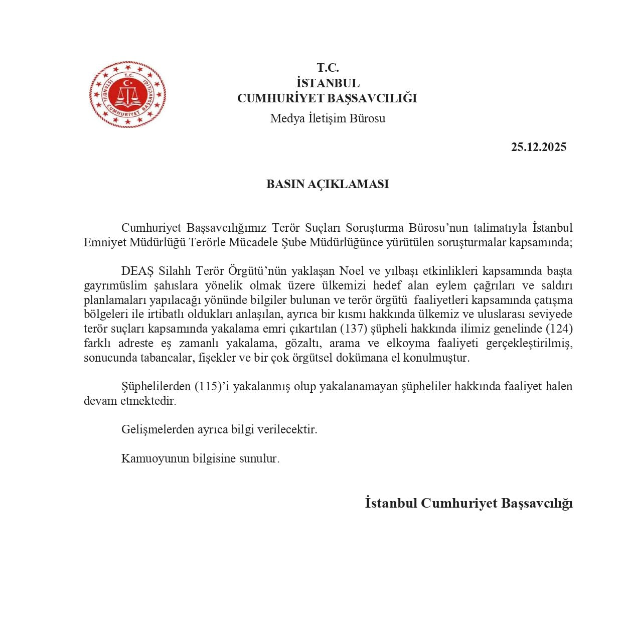 Savcılık Duyurdu Yılbaşında Saldırı Planlayan 115 Işi̇d'li Yakalandı