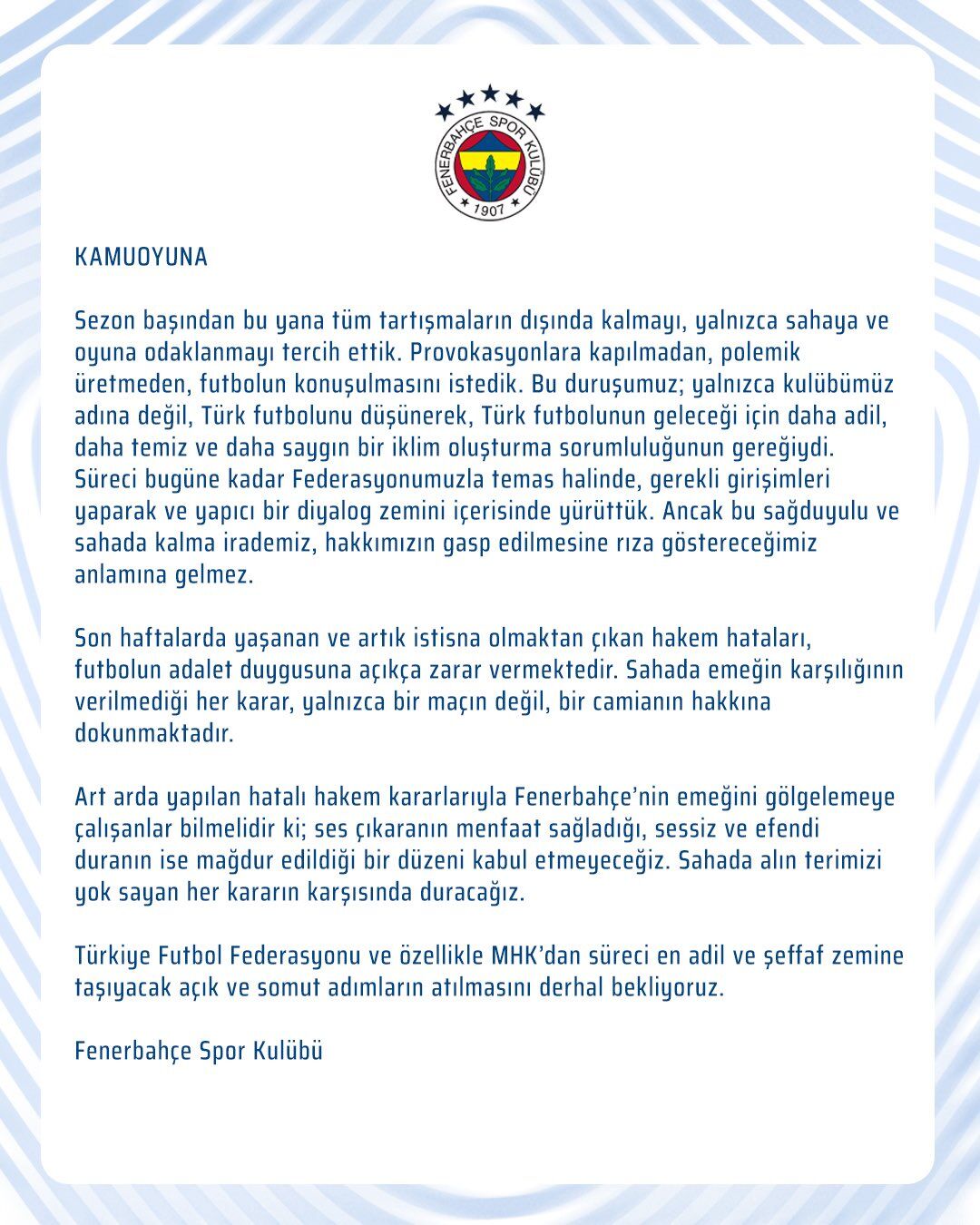 Kamuoyuna Fenerbahçe