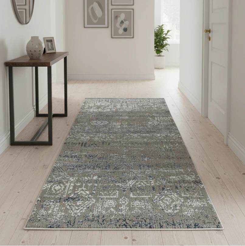 Sacaksiz Koridor Halisi 100X200 100X300 Laura Koleksiyonu Makine Dokuma Yolluk Hali Mavi Gri Model